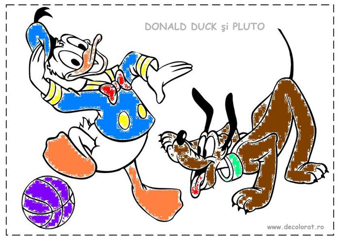 planse-de-colorat-donald-desen-de-colorat-donald-fericit-si-pluto-alearga-dupa-minge