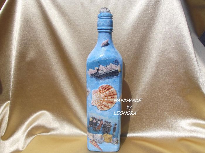 sticla decoupage tema marina - reciclare sticla