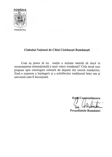 Scrisoarea Presedinteului Romaniei,dnul Emil Constantinescu - Acreditari nationale si internationale ale CNCCR