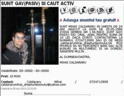 POZA nr. _ 2 _; Numele tanarului apare pe mai multe site-uri destinate intalnirilor amoroase intre barbat                     SUNT GAY(PASIV) SI CAUT ACTIV | anunturi gratuite, anunturi online
