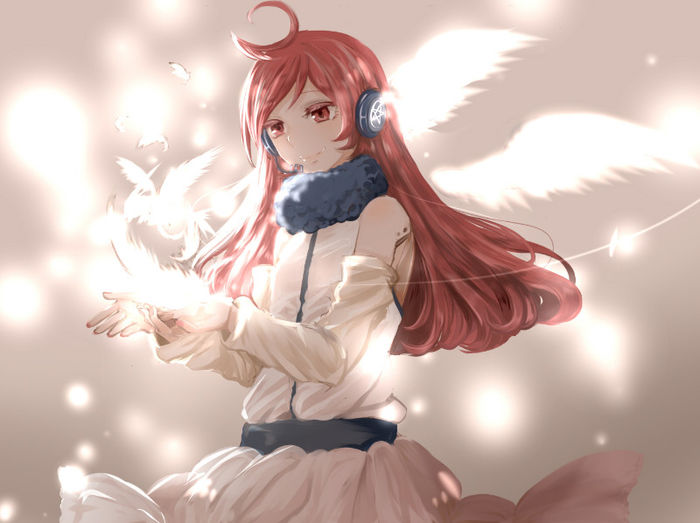 Konachan.com - 125490 dress feathers headphones long_hair miki_(vocaloid) piku_(pikumin) red_hair sc