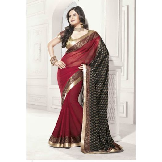 zarine-khan-red-and-black-georgette-and-viscose-saree - Zarine Khan