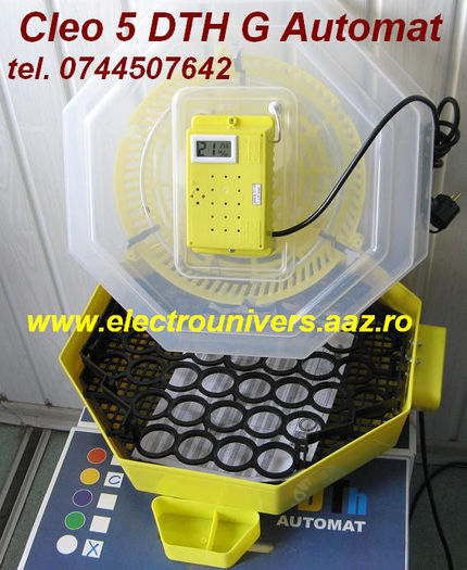 Cleo.5DTHGA incubator; Incubatorul Cleo 5 DTH Automat, cu dispozitiv intoarcere oua gaina ( G ) sau oua prepelita ( P ) cu indicator de temperatura ( T ) si umiditate ( H ) Automat (A) Pret 349 Lei.  ( A = Automatizare ) In
