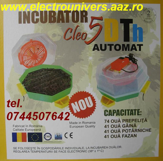 Cleo5.DTHGA incubatoare oua; Incubatorul Cleo 5 DTH Automat, cu dispozitiv intoarcere oua gaina ( G ) sau oua prepelita ( P ) cu indicator de temperatura ( T ) si umiditate ( H ) Automat (A) Pret 349 Lei.  ( A = Automatizare ) In
