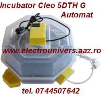 Cleo5DTH.G.A incubator oua; Incubatorul Cleo 5 DTH Automat, cu dispozitiv intoarcere oua gaina ( G ) sau oua prepelita ( P ) cu indicator de temperatura ( T ) si umiditate ( H ) Automat (A) Pret 349 Lei.  ( A = Automatizare ) In
