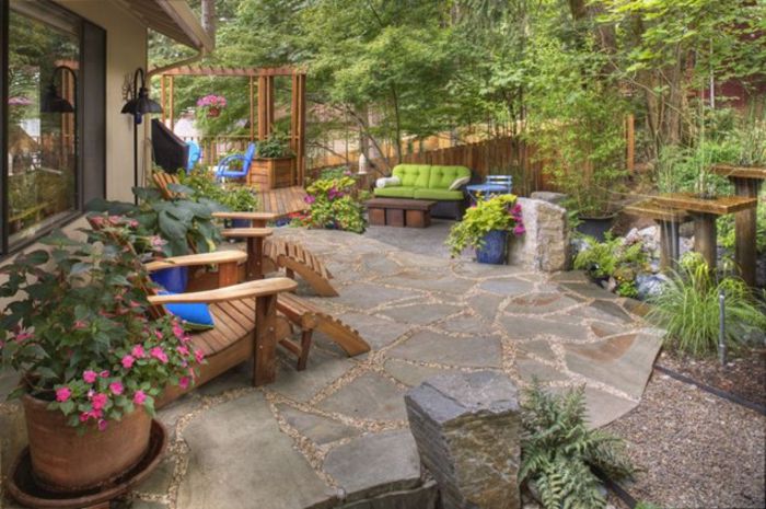 rustic-garden-container-plantings-garden-decor-adirondack-chairs-flagstone-water-feature-gregg-and-e - idei interesante culese de pe net B