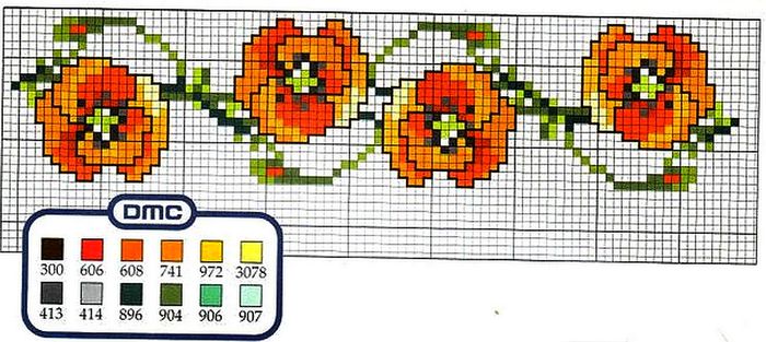 schema punto croce striscia con rossi papaveri