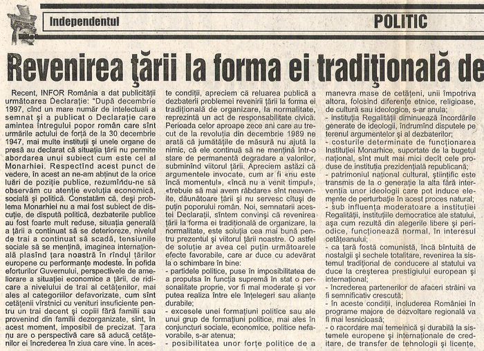 Independentul, Iasi 23 ianuarie 1999; Articol despre Regele Mihai
