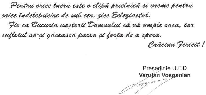 Felicitare de Craciun, Bucuresti 1999; De la Varujan Vosganian, presedintele Uniunii Fortelor de Dreapta
