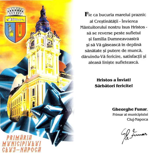 Felicitare de la primar, Cluj; Gheorghe Funar, Cluj-Napoca, aprilie 2000
