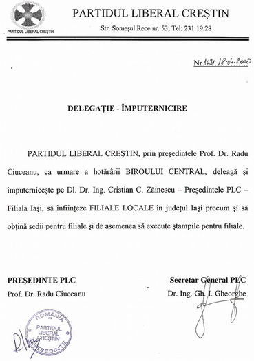 Imputernicire PLC Bucuresti, aprilie 2000