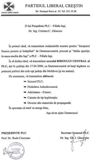 Imputernicire pentru judetele Moldovei; PLC, Bucuresti aprilie 2000
