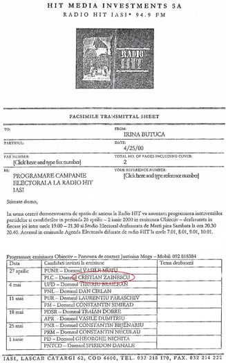 Radio Hit Iasi. Programare; Impreuna cu Vasile Mutu, candidatul PUNR Iasi, aprilie 2000
