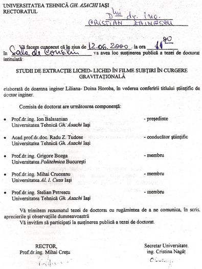Doctorat, ing. Liliana Doina Horoba 2000; Universitatea Tehnica Gheorghe Asachi Iasi, 12 iunie 2000
