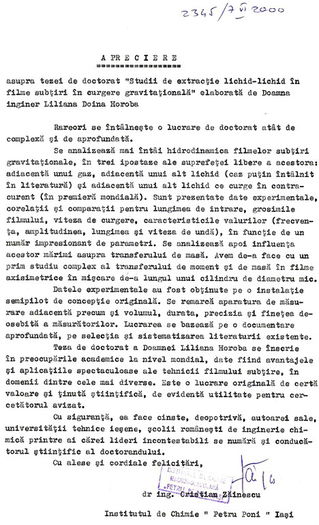 Dr ing. Cristian Zainescu. Apreciere; Asupra tezei de doctorat a ing. Liliana Doina Horoba, Univ. Tehnica Iasi, iunie 2000
