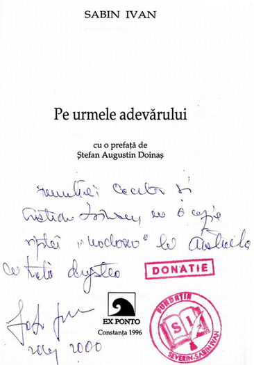 Sabin Ivan. Dedicatie; Constanta, 2 august 2000
