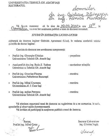 Doctorat ing. Gabriela Apreotesei (Lisa); Universitatea Tehnica Gheorghe Asachi Iasi, 29 septembrie 2000

