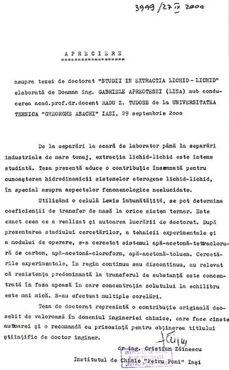 Dr ing. Cristian Zainescu, Apreciere; Asupra tezei de doctorat a ing. Gabriela Apreotesei (lisa), Univ. Tehnica Iasi, sept. 2000
