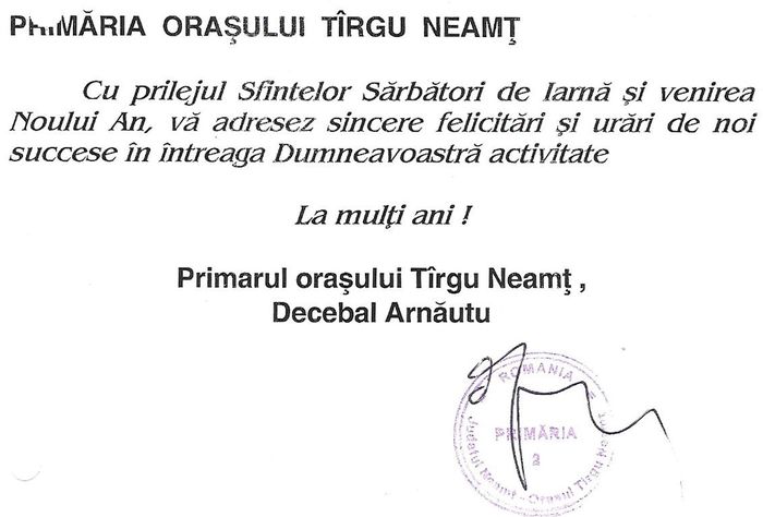 Felicitare de la primar, Tg. Neamt; Decebal Arnautu, Targu Neamt, Craciun 2000
