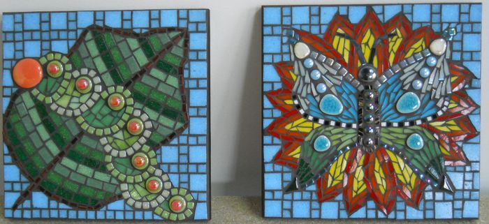 Omida&Fluture (Caterpillar&Butterfly); Mozaic din 2 buc de aprox  25x25 cm, suport MDF de 16 mm grosime, chit gri inchis (negru)
PRET: 700 lei
