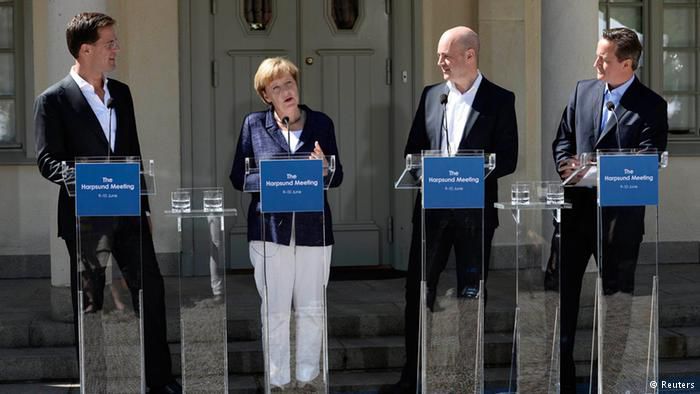 4-sefi-de-guverne-europene; întâlnirea de la Harpsund(Suedia) din data de 10 iunie 2014 : Mark Rutte(olandez),Angela Merkel(german),Fredrik Reinfeldt(suedez) si David Cameron(britanic)
