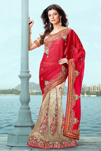 sushmita_sen_contemporary_red_and_light_beige_viscose_and_net_lehenga_saree-jkls7823 - Sushmita Sen