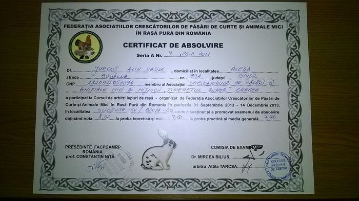 Certificatu de absolvire - ARBITRU DE IEPURI