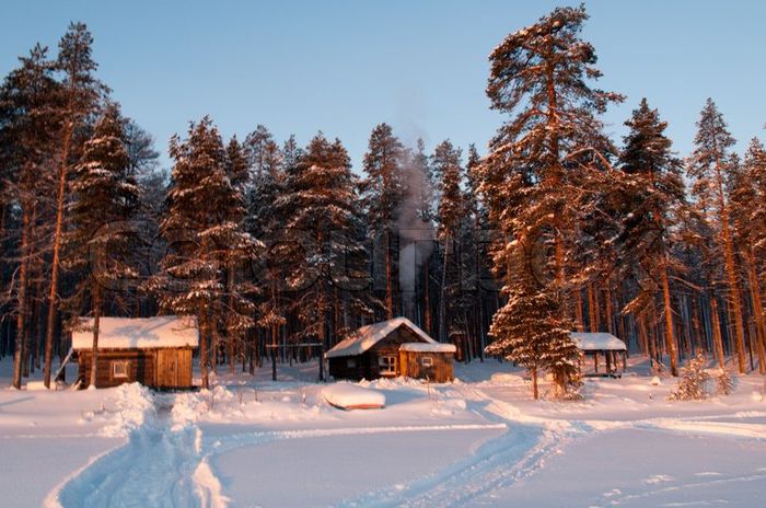 2219330-a-small-wooden-house-in-a-snow-forest-on-sunset - constructii din lemn