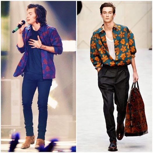Harry Styles from One Direction wears Burberry Prorsum Fall Winter 2014 leaves print silk cotton shi - harry styles