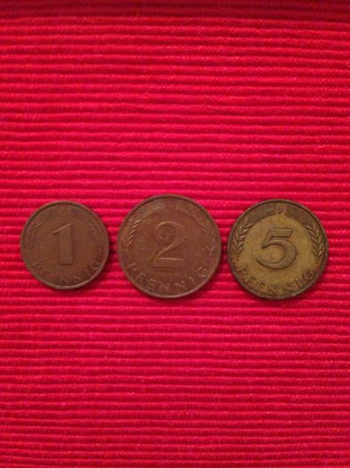 Set 1 pfennig 1988D, 2 pfennig 1990D, 5 pfennig 1971J - 2,50 lei - Monede de vanzare