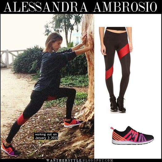 alessandra ambrosio in black red stripe leggings black jacket and black pink purple new balance snea - alessandra ambrosio