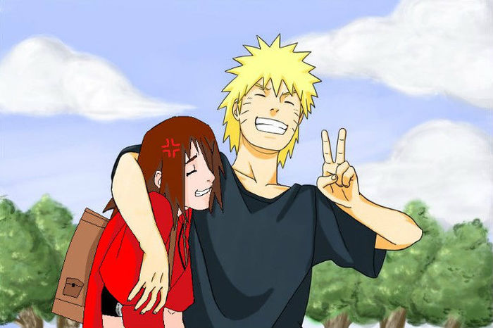 Naruto:Sakura-chan,Hinata-chan!!!!Samani-chan sa intors!!!  Samani:*enervata* *in gand:Baka -_- *; Samani:NARUTO!!!!Taca-ti fleanca aia...!!!*in gand:...Mare -_-*
