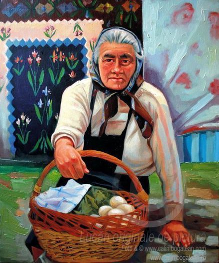 portret Femeia-cu-oua; Portret femeia cu oua si cos de nuiele pictura pe panza executata de Calin Bogatean membru al Uniunii Artistilor Plastici Profesionisti din Romania
