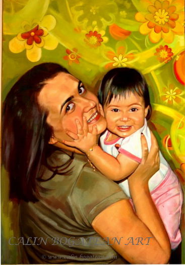 portret in ulei afectiune; Afectiune portret de femeie cu copil  pictura pe panza executata de Calin Bogatean membru al Uniunii Artistilor Plastici Profesionisti din Romania
