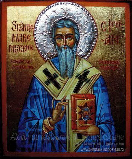 Sfantul Ciprian; Sfantul Ciprian icoana pe lemn pictura bizantina in tempera pe lemn pictata de pictorul Calin Bogatean un urmas al vechilor iconari
