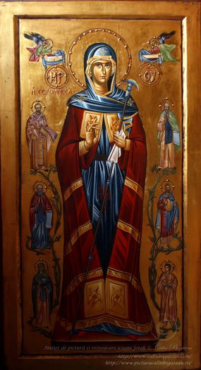 Maica Domnului icoana imparatreasca; Maica Domnului icoana imparatreasca Icoane Maica Domnului pictura bizantina pe lemn in tempera Maica Domnului inconjurata de sfinti
