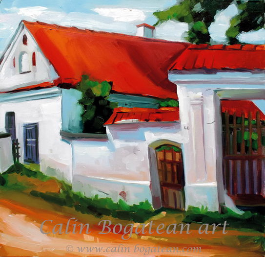 satul_muresan_poarta; Satul muresean poarta peisaj pictura in ulei pe panza tablou original semnat de pictorul Calin Bogatean, mumbru al Uniunii Artistilor Profesionisti din Romania
