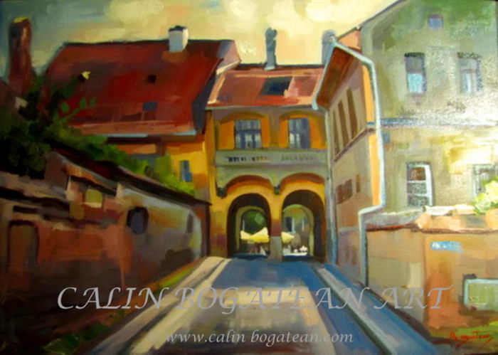 sighisoara4; Cetatea medievala Sighisoara peisaj pictura in ulei pe panza tablou original semnat de pictorul Calin Bogatean, mumbru al Uniunii Artistilor Profesionisti din Romania
