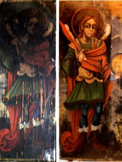 Arhanghelul Mihaiil comparat; Restaurare icoana Arhanghelii Mihail si Gavril pictura pe lemn restaurare icoane resaturare pictura pe lemn
