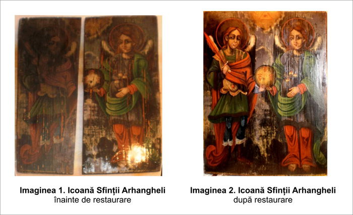 restaurare icoana imagine comparata; Restaurare icoana Arhanghelii Mihail si Gavril pictura pe lemn restaurare icoane resaturare pictura pe lemn
