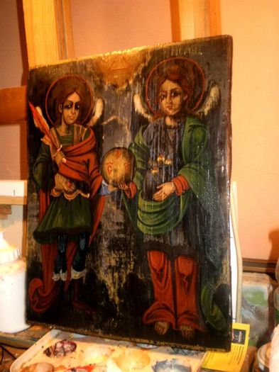 restaurare icoana pe lemn (58); Restaurare icoana Arhanghelii Mihail si Gavril pictura pe lemn restaurare icoane resaturare pictura pe lemn

