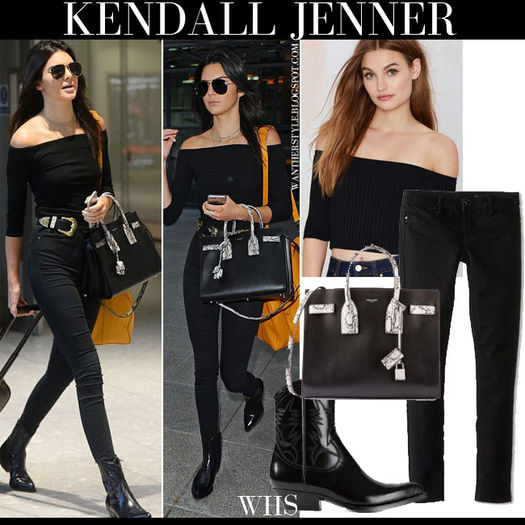 kendall jenner in black off shoulder top black jeans black ankle boots black bag heathrow airport lo