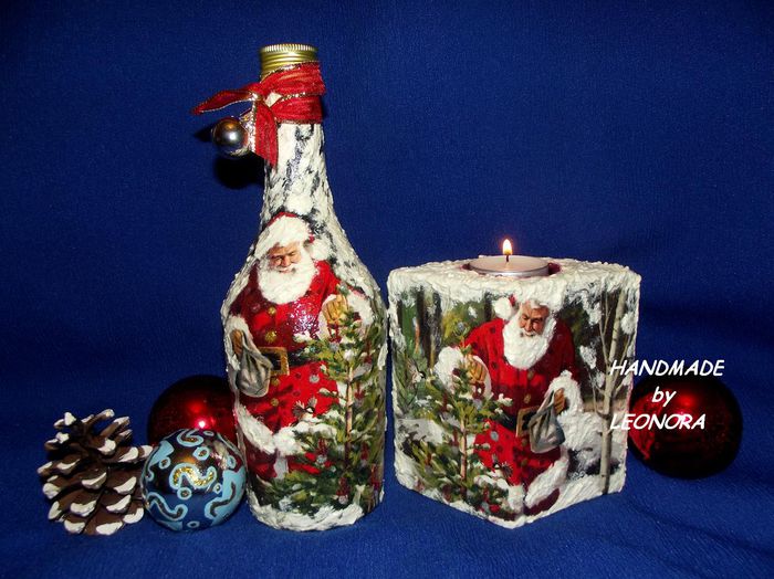 sticla decoupage si suport lumanare Craciun