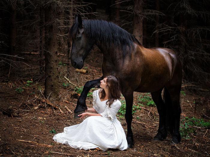 Femeia cu calul in padure