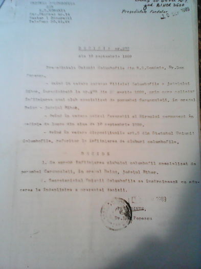 DECIZIA Nr. 278 din 10 septembrie 1989 a UNIUNII; UNIUNEA COLUMBOFILA din RSR decide înființarea CLUBULUI  SPECIALIZAT pentru PORUMBEI  CARUNCULAŢI  în oraşul  BEIUŞ din jud.BIHOR
