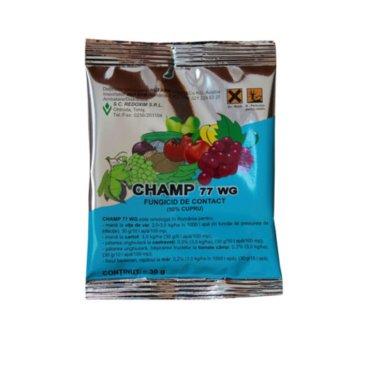 Champ-77-WG2; este un fungicid/bactericid de contact pe baza de cupru folosit in prevenirea si combaterea manei si a arsurilor bacteriene
