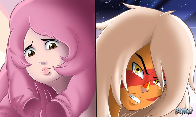 rose quartz vs jasper; Jasper:-Why...why Rose...WHY DID YOU  DESTROYED THE PINK DIAMOND?OWER DIAMOND... *tears in eyes* my...diamond...
Rose:I'm sorry Jasper...I had no choose...
