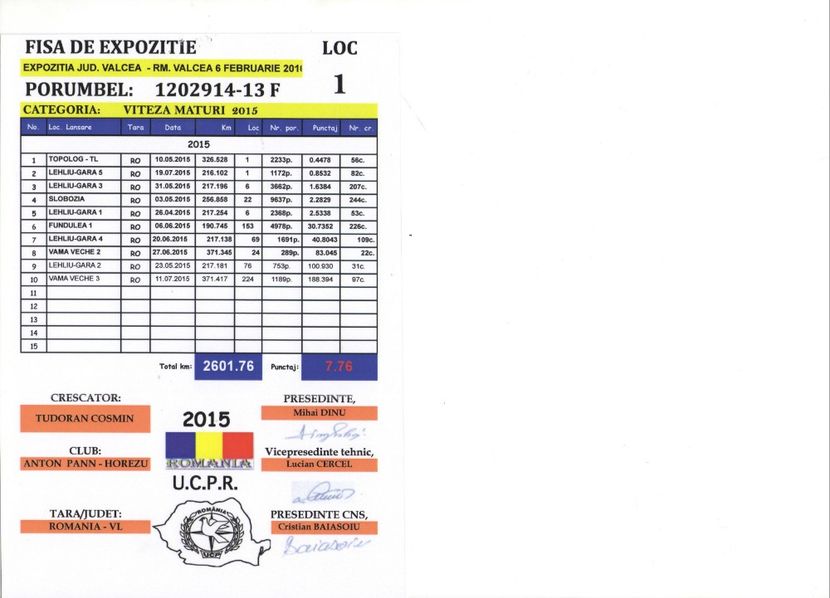 LOC 1 VITEZA MATURI-VALCEA - REZULTATE 2015