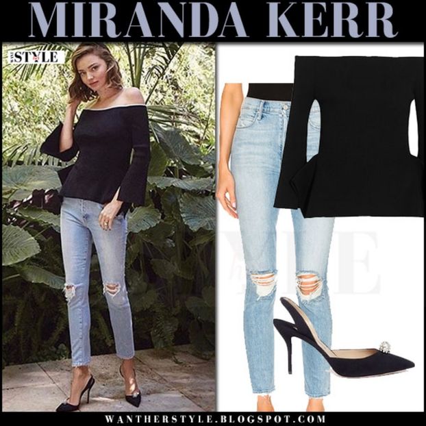 miranda kerr in black off shoulder top and ripped skinny jeans instagram march 2017 what she wore - miranda kerr