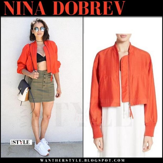 nina dobrev in red cropped jacket and khaki mini skirt coachella april 2017 what she wore - nina dobrev